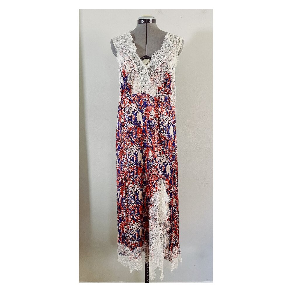Rachel Comey Red Blue Floral Lace-Trim Midi Dress